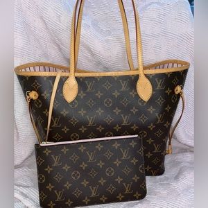 Authentic Louis Vuitton Neverfull MM Monogram Rose Ballerine Tote Bag pochette